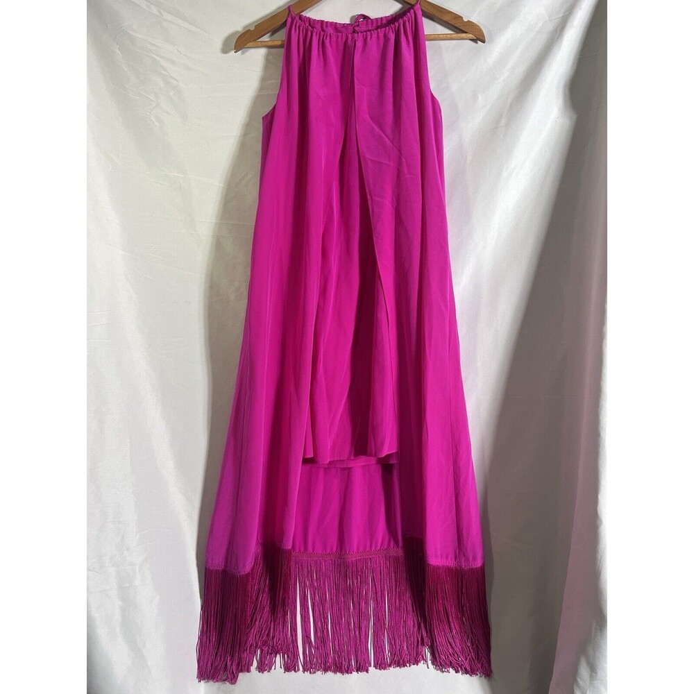 Trina Turk Silk Halter Dress Fuchsia Pink Fringe Hem Boho Resort Vacay 2 NWT